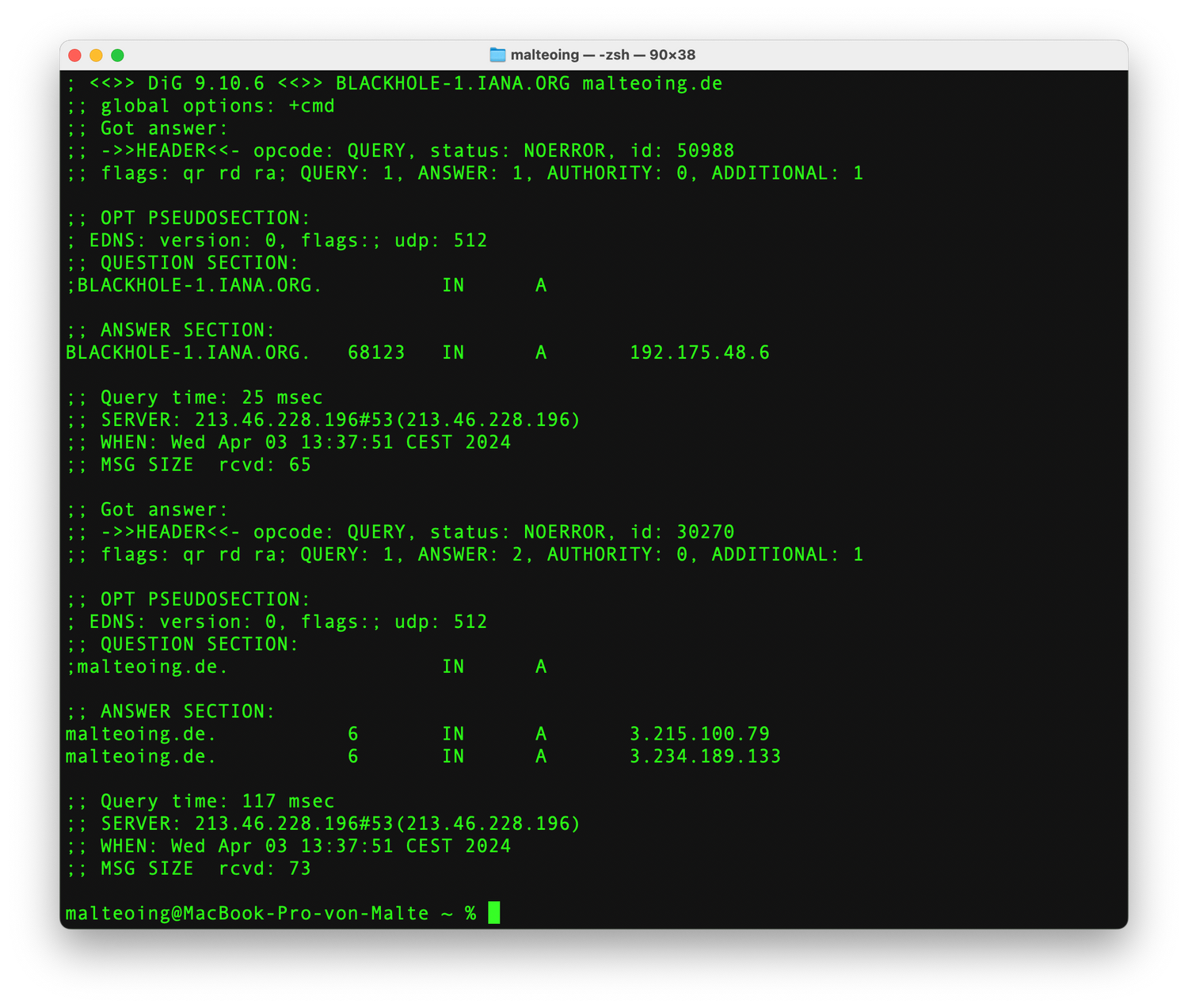 Terminal documentation of the DNS route to a black hole
