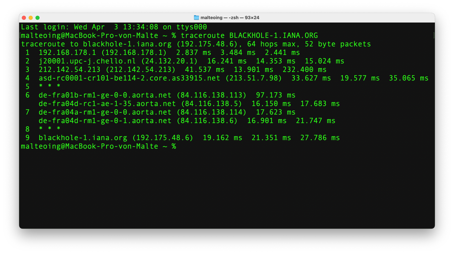 Traceroute documentation to the DNS black hole